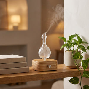 Diffuseur d'huiles essentielles nébuliseur en bois et verre posé sur une étagère avec plante verte