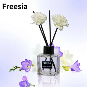 Diffuseur de parfum fragrance Freesia avec bâtonnets roseau et fleurs freesia