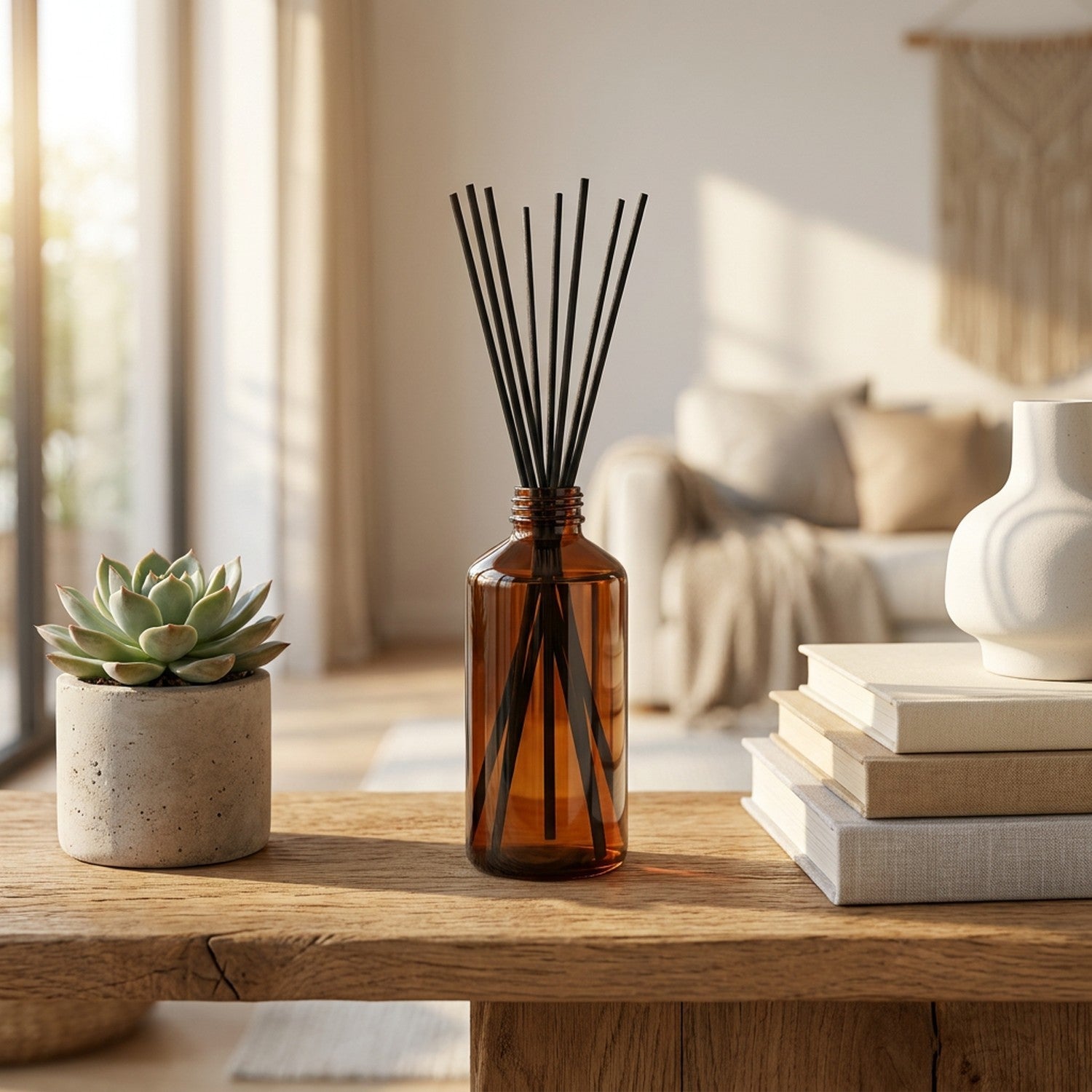 Flacon diffuseur à bâtonnets 200 ml sur étagère salon avec succulent et livres