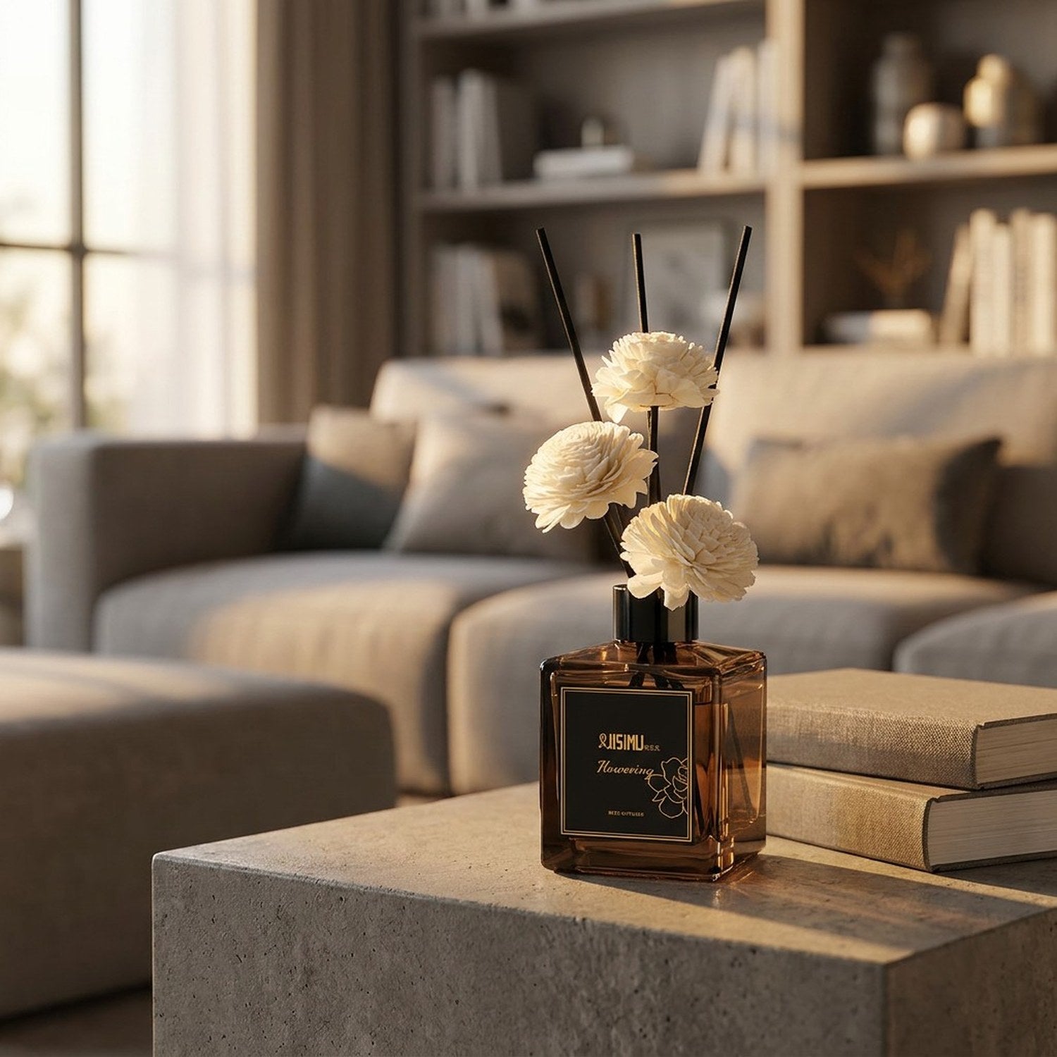 Diffuseur de roseaux parfumé salon moderne table béton lumière dorée