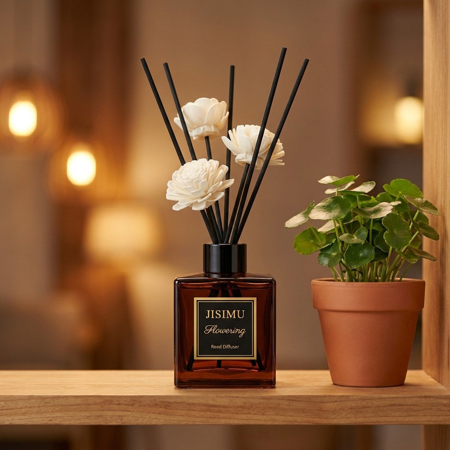 Diffuseur de roseaux parfumé JISIMU bouteille ambrée bâtons noirs fleurs séchées étagère bois