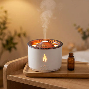 Diffuseur d'huiles essentielles ultrasonique volcan 360 ml sur plateau bois, brume froide