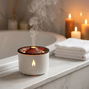 Diffuseur volcanique dans une salle de bain luxueuse avec serviettes et bougies allumées