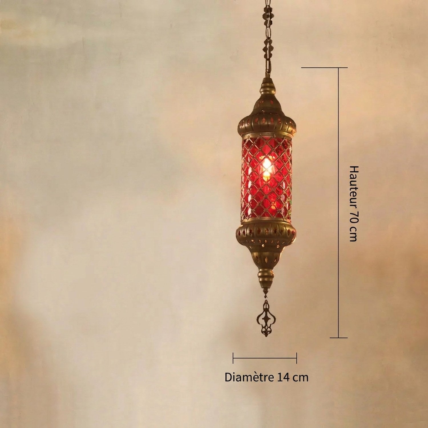 Dimensions lustre marocain : hauteur 70 cm, diamètre 14 cm