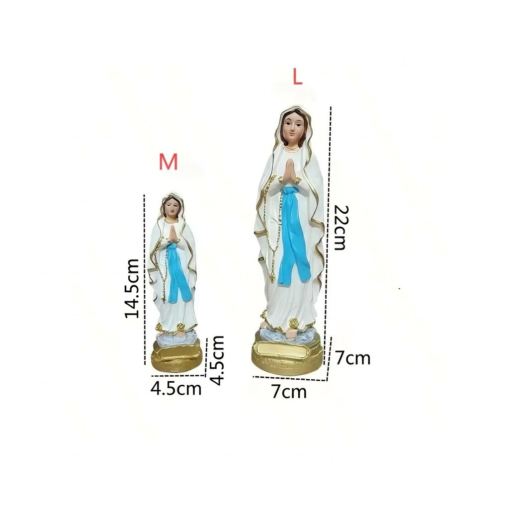 Schéma des dimensions de la statue Vierge Marie taille M 14,5 cm hauteur et taille L 22 cm hauteur