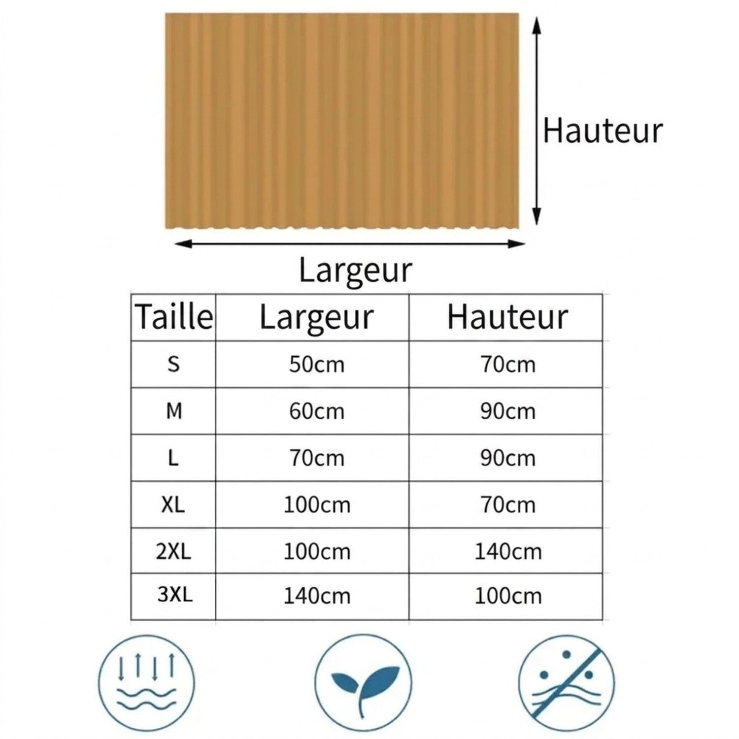 Tableau des tailles du rideau adhésif en centimètres largeur et hauteur