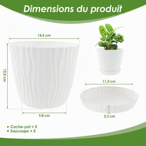 Dimensions du cache-pot : ouverture Ø 14,5 cm, H 12,8 cm, base Ø 9,8 cm, soucoupe Ø 11,3 cm
