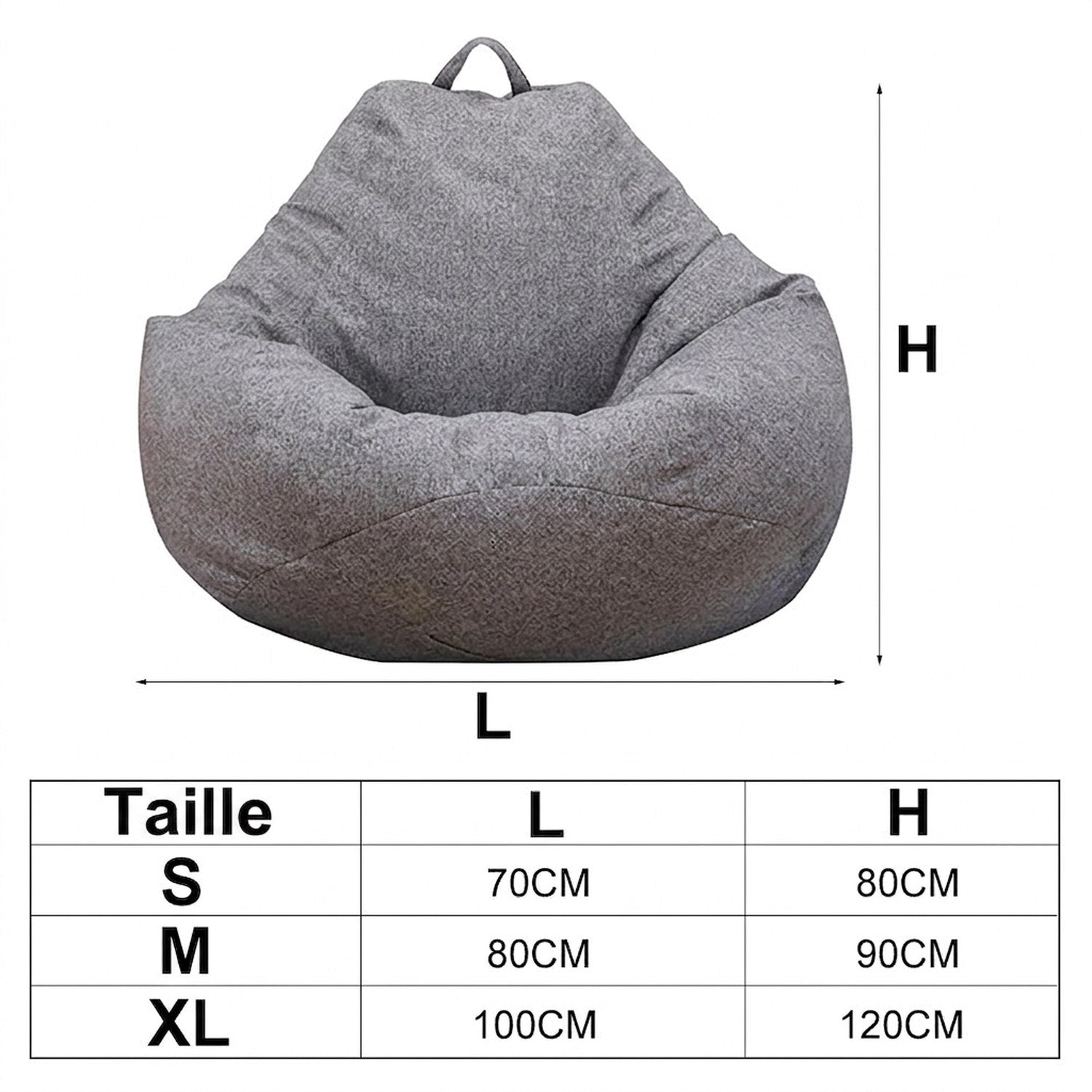 Guide des tailles du pouf tatami en S M et XL avec dimensions en cm