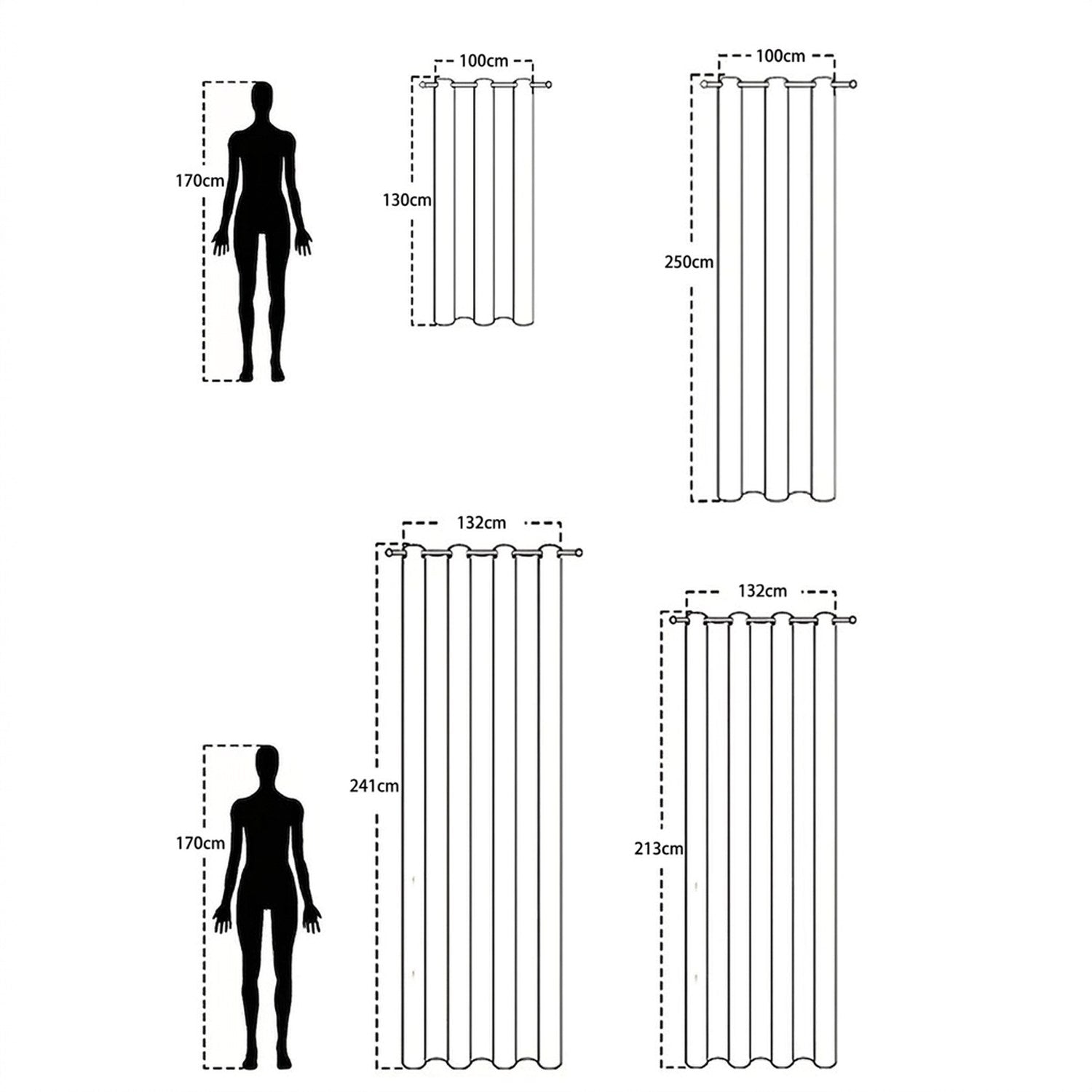 Dimensions en cm du rideau occultant pour les tailles 100x130 100x250 et 132x213