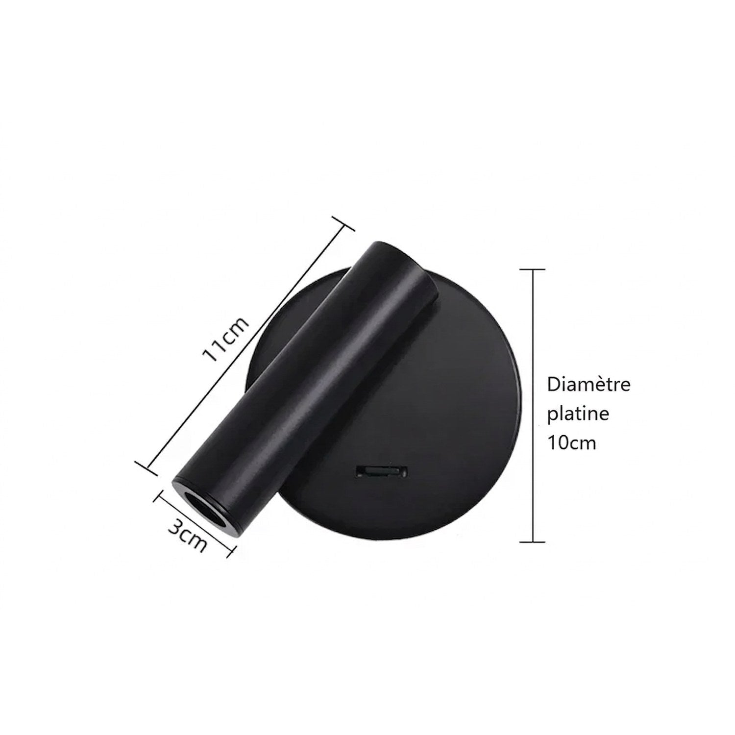 Schéma des dimensions de l'applique murale ronde noire, bras orientable 11 x 3 cm et platine murale 10 cm de diamètre
