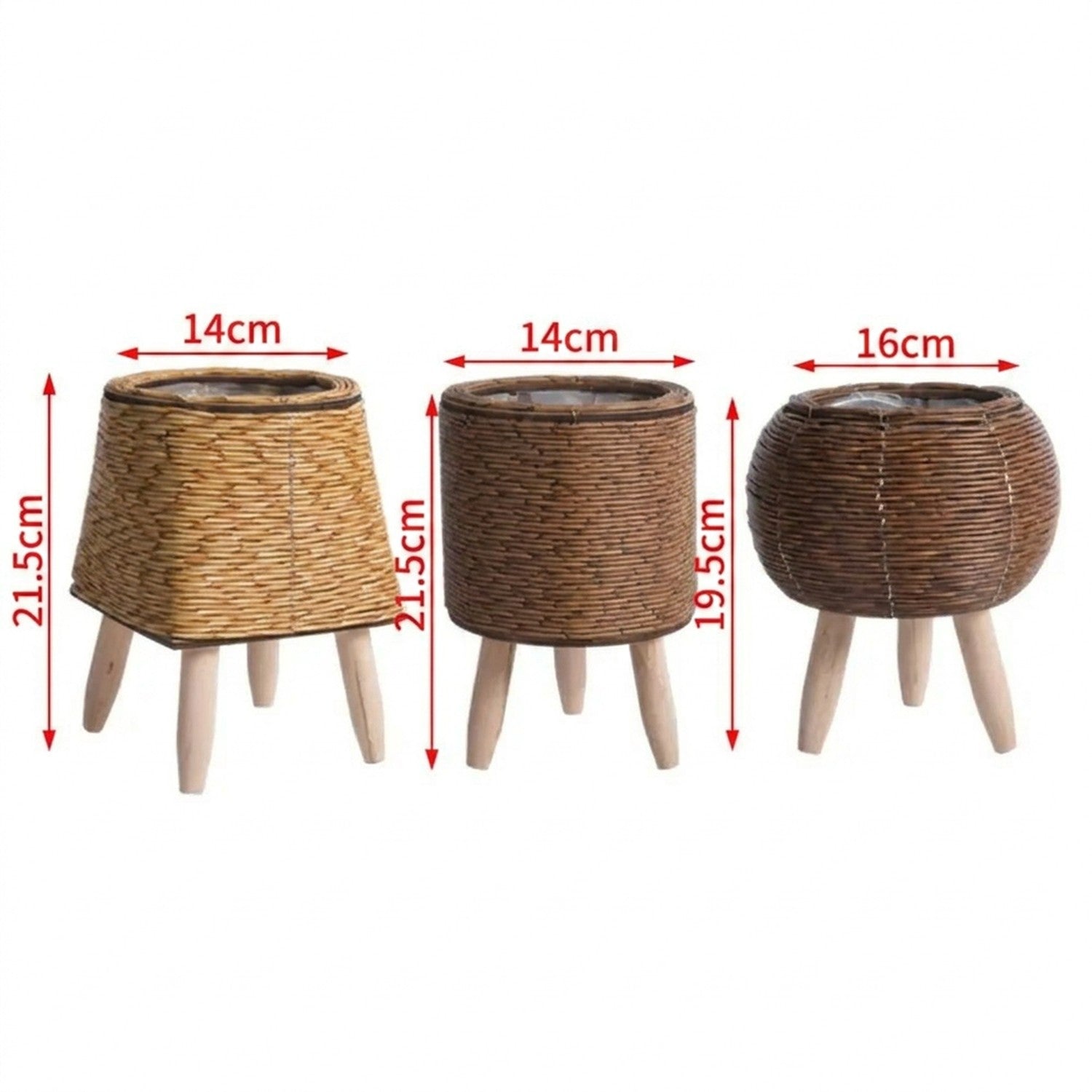 Schéma des dimensions des trois modèles de cache-pot en centimètres