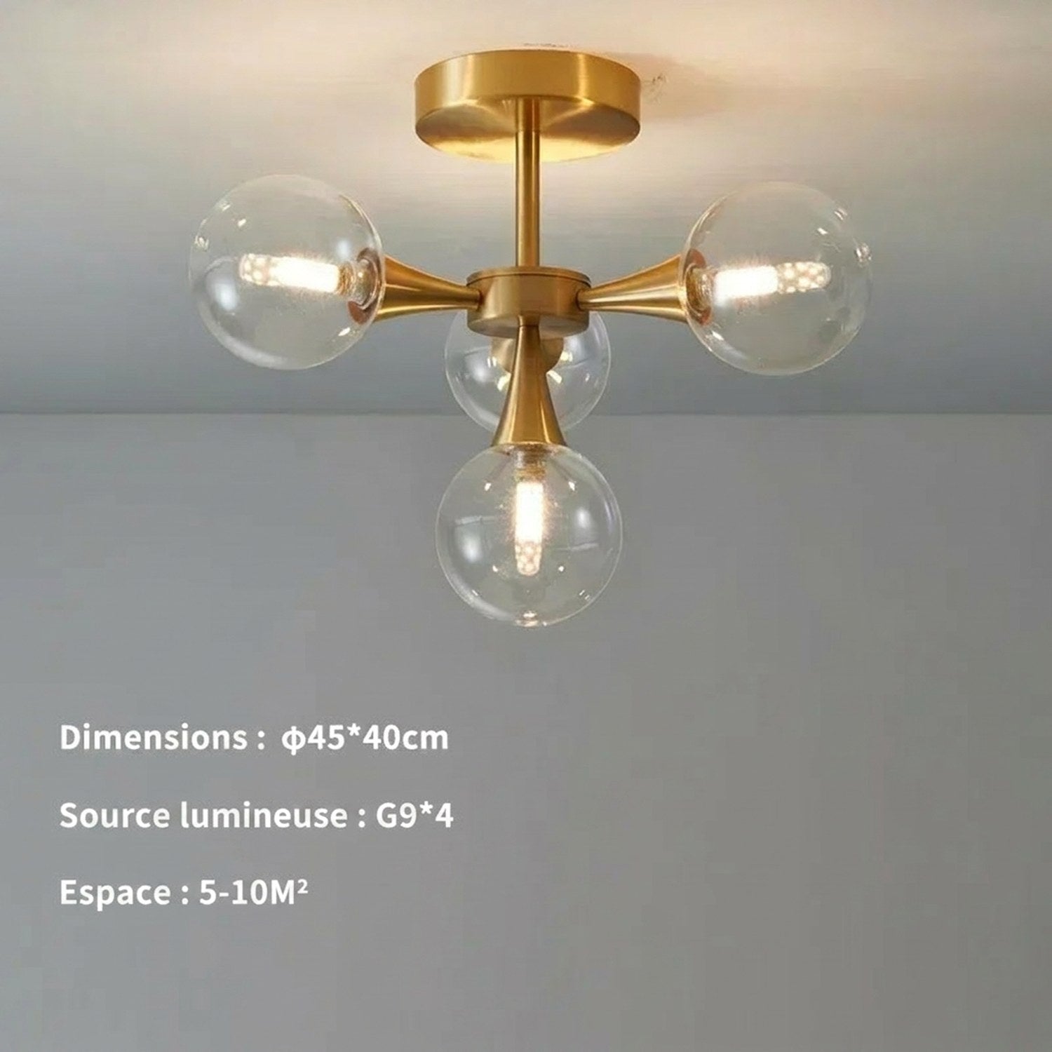 Schéma des dimensions du lustre art déco 4 globes en bouquet en centimètres