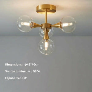 Schéma des dimensions du lustre art déco 4 globes en bouquet en centimètres