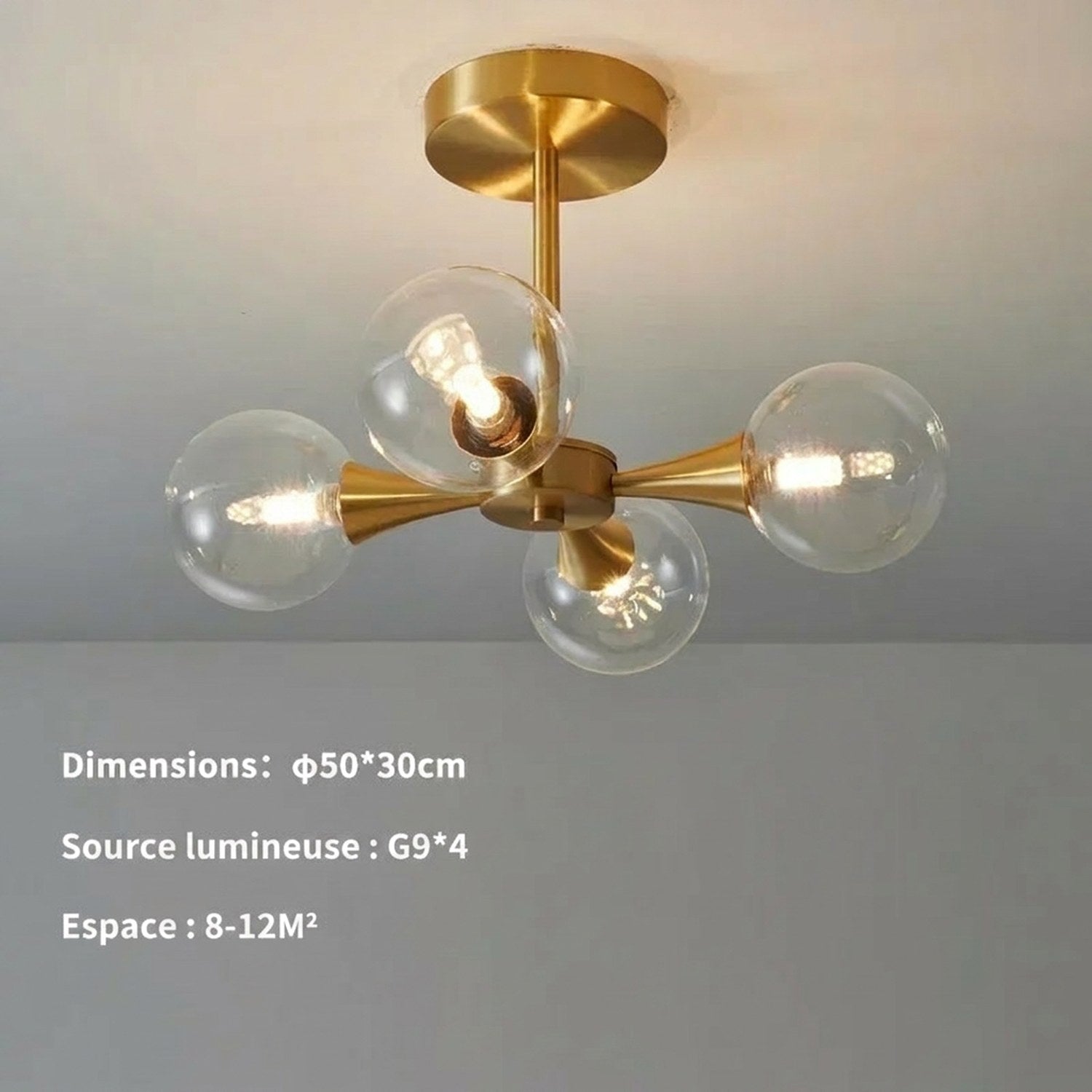 Schéma des dimensions du lustre art déco 4 globes en étoile en centimètres