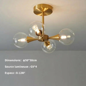 Schéma des dimensions du lustre art déco 4 globes en étoile en centimètres