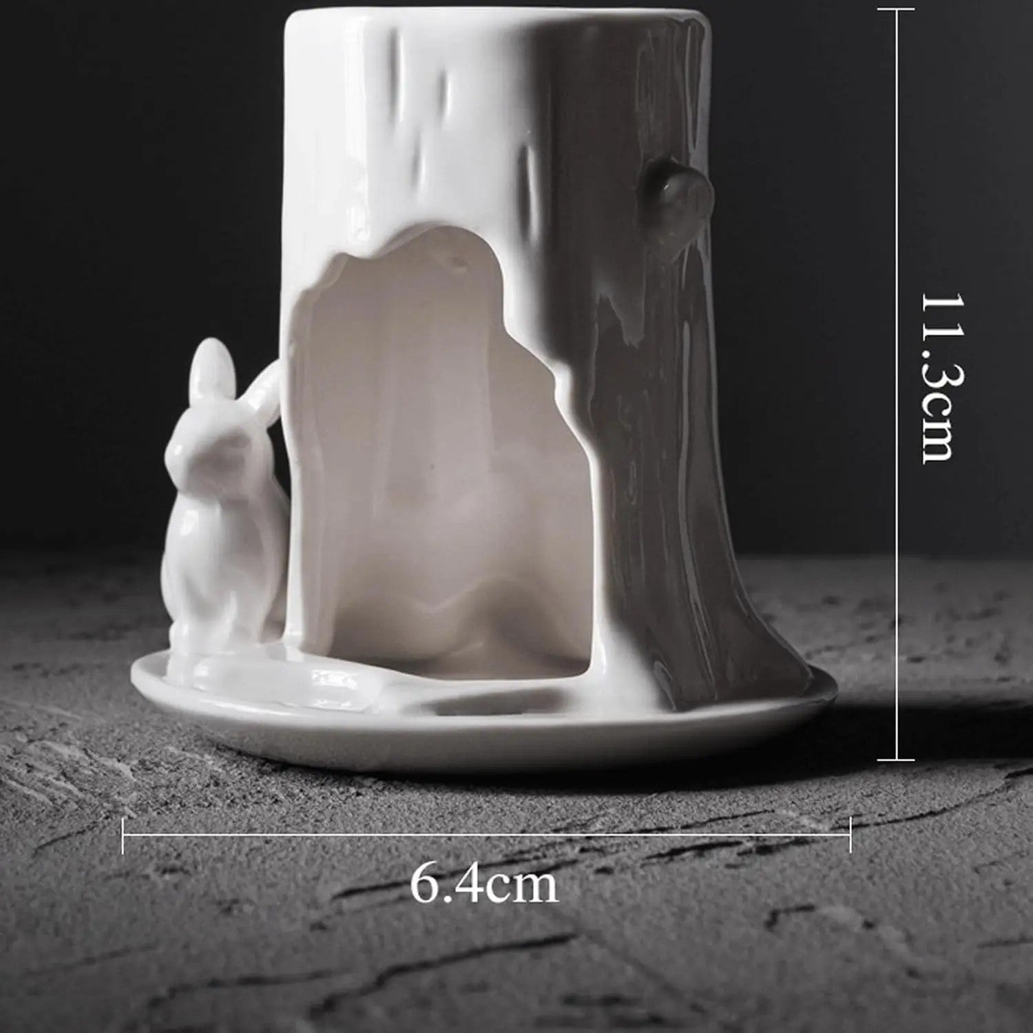 Schéma des dimensions du brûleur à huile céramique lapin : hauteur 11,3 cm largeur 6,4 cm
