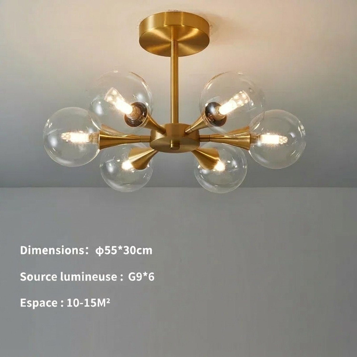 Schéma des dimensions du lustre art déco 6 globes en étoile en centimètres