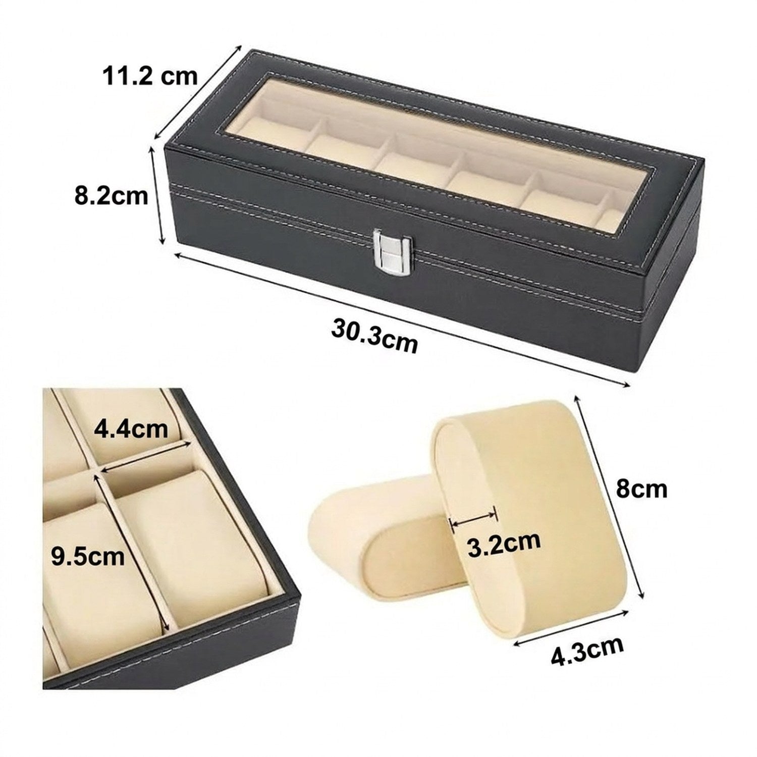 Coffret à montres 6 emplacements dimensions 30,3x11,2x8,2 cm