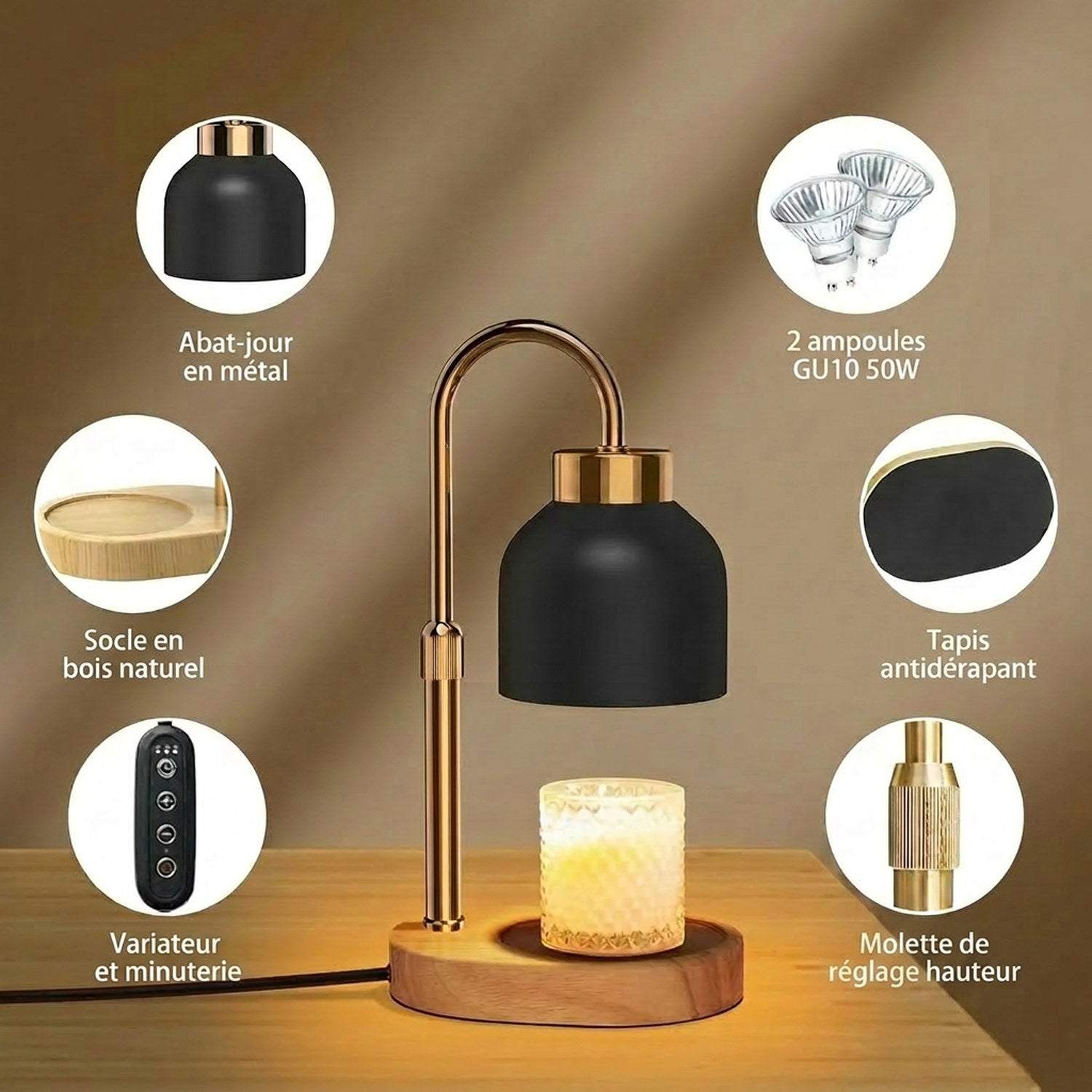 Dimensions de la lampe chauffe-bougie hauteur 33 cm et base 16 cm