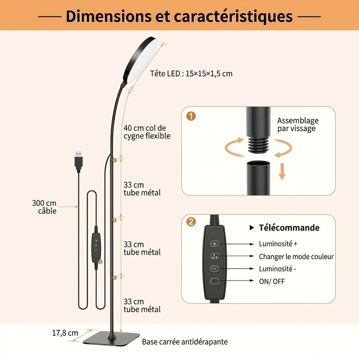 Dimensions et caractéristiques techniques du lampadaire liseuse LED col de cygne flexible