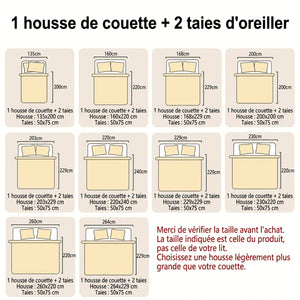 Tableau des dix dimensions disponibles pour la housse de couette et les taies
