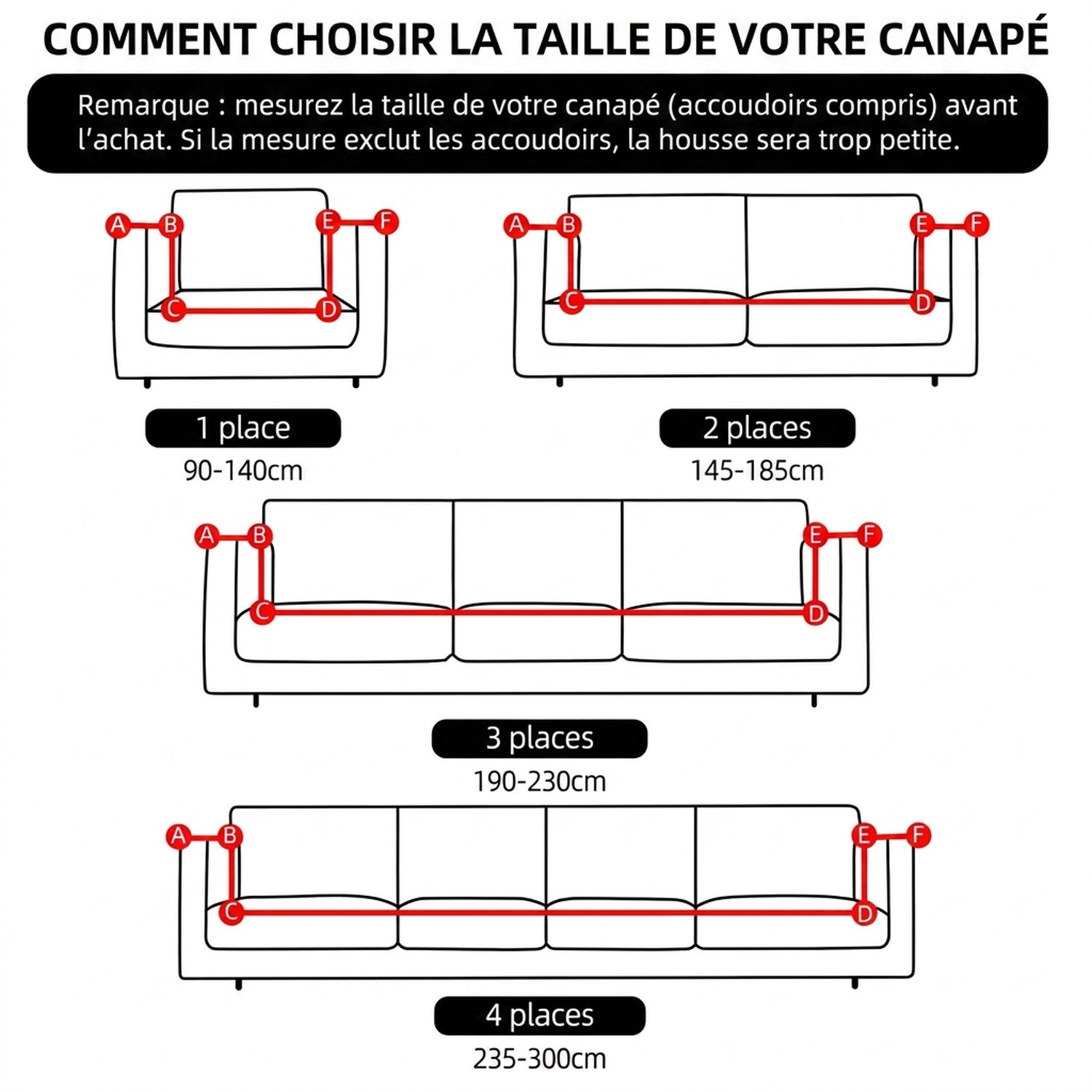 Guide des tailles de housse de canapé en centimètres du 1 au 4 places