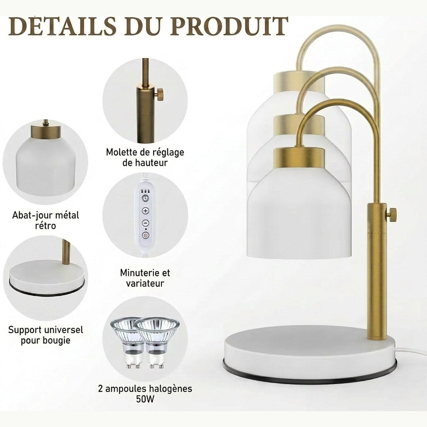 Détails et dimensions de la lampe chauffe-bougie grand format