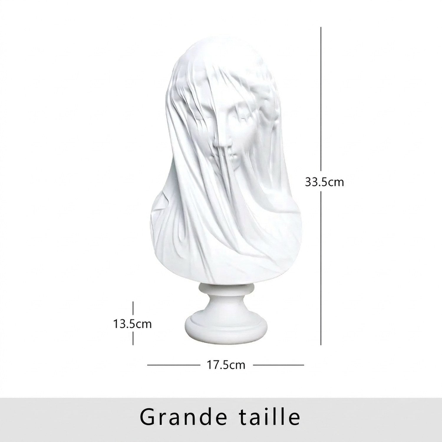 Dimensions de la grande taille : hauteur 33,5 cm largeur 17,5 cm socle 13,5 cm