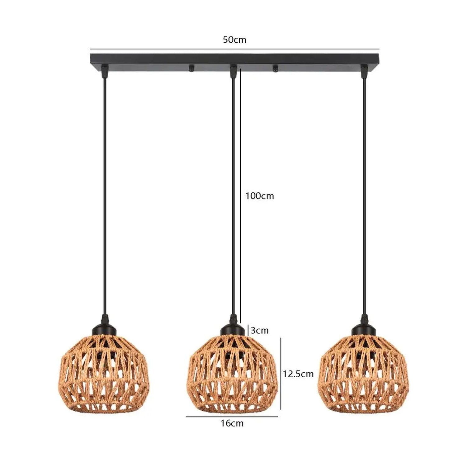 Dimensions du lustre linéaire barre 50 cm abat-jour 16 cm câble 100 cm
