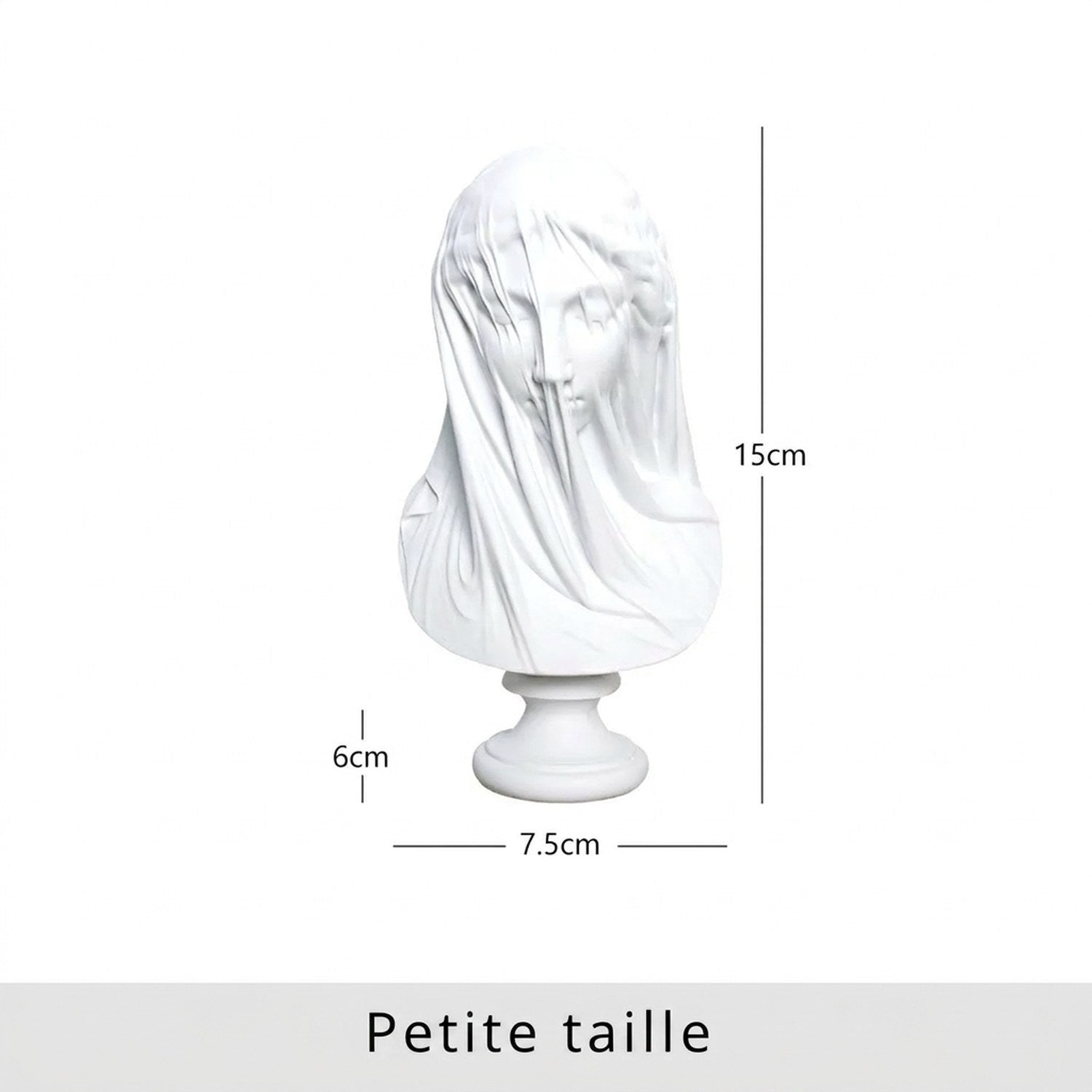 Dimensions de la petite taille : hauteur 15 cm largeur 7,5 cm socle 6 cm