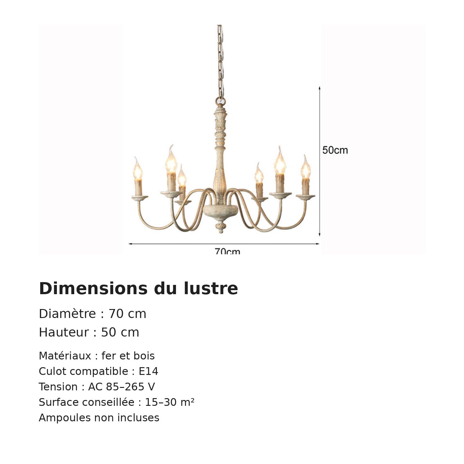 Schéma des dimensions du lustre 70 cm par 50 cm