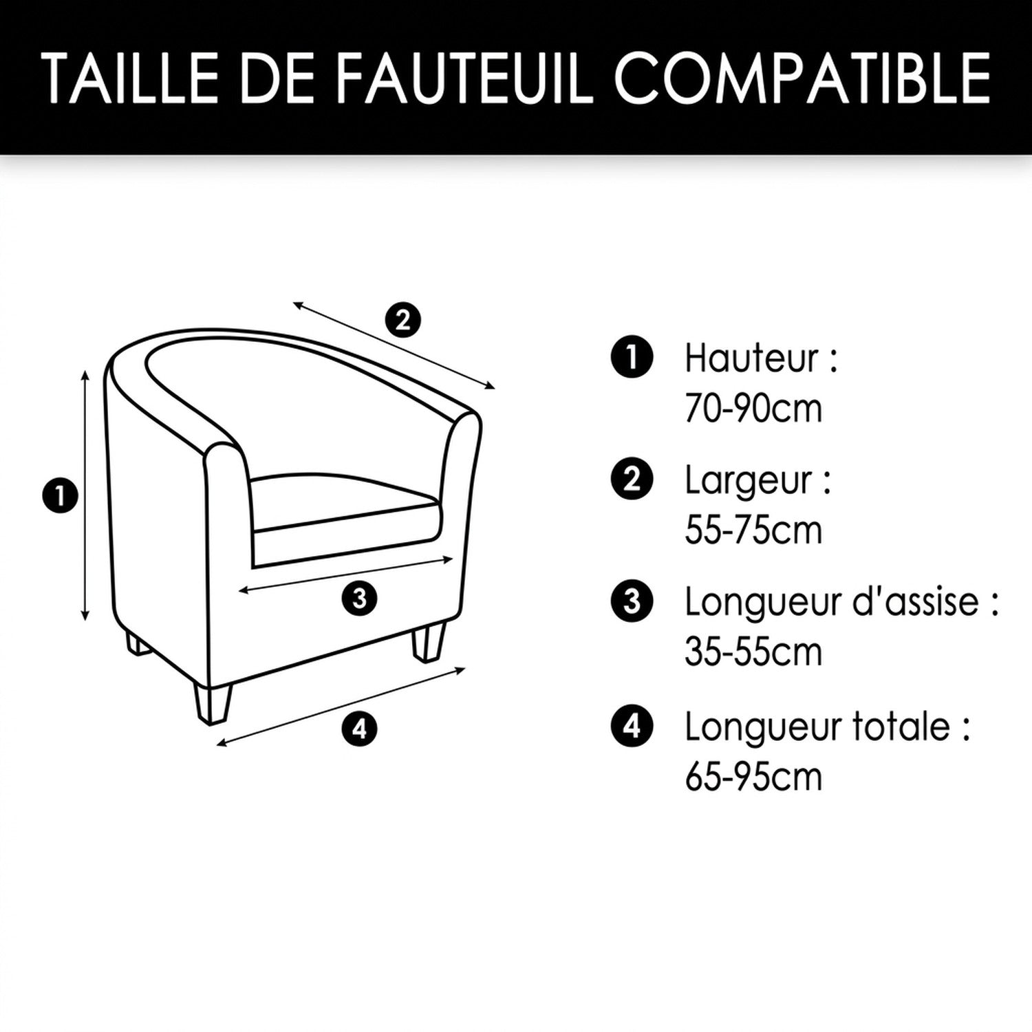 Schéma des dimensions de fauteuil compatible avec la housse en cm