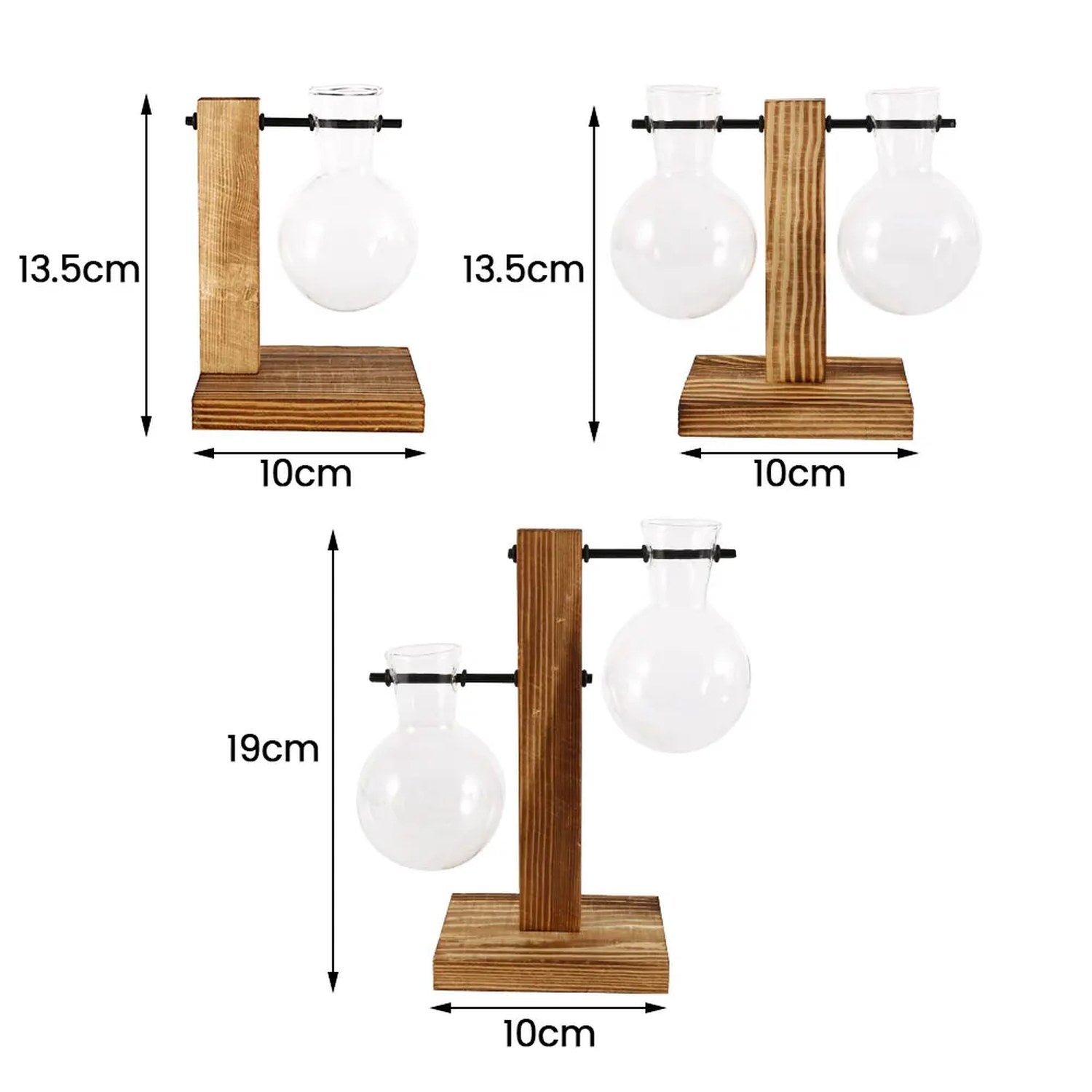 Dimensions des vases à bouture 13,5 cm et 19 cm sur base de 10 cm