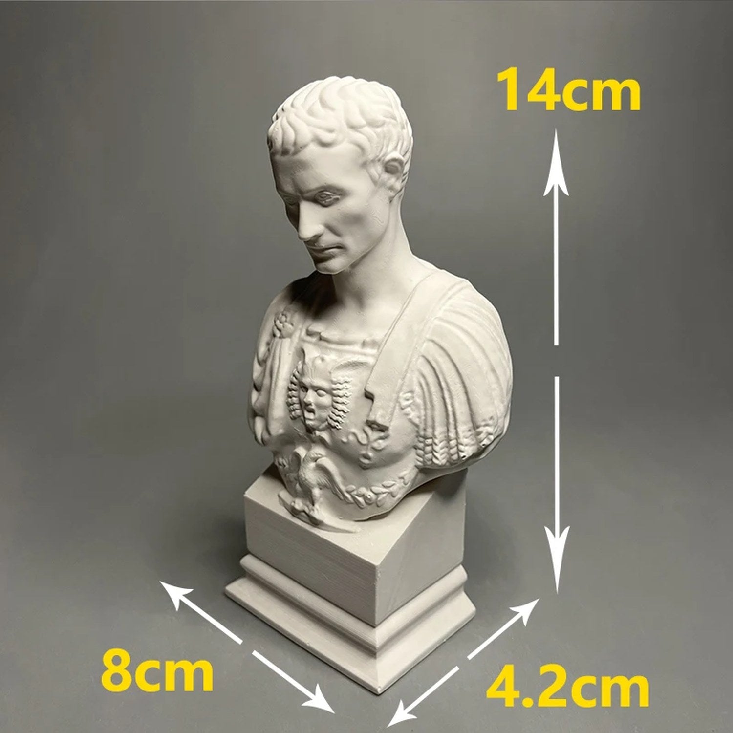 Dimensions du buste de Jules César hauteur 14 cm base 8 cm sur 4,2 cm