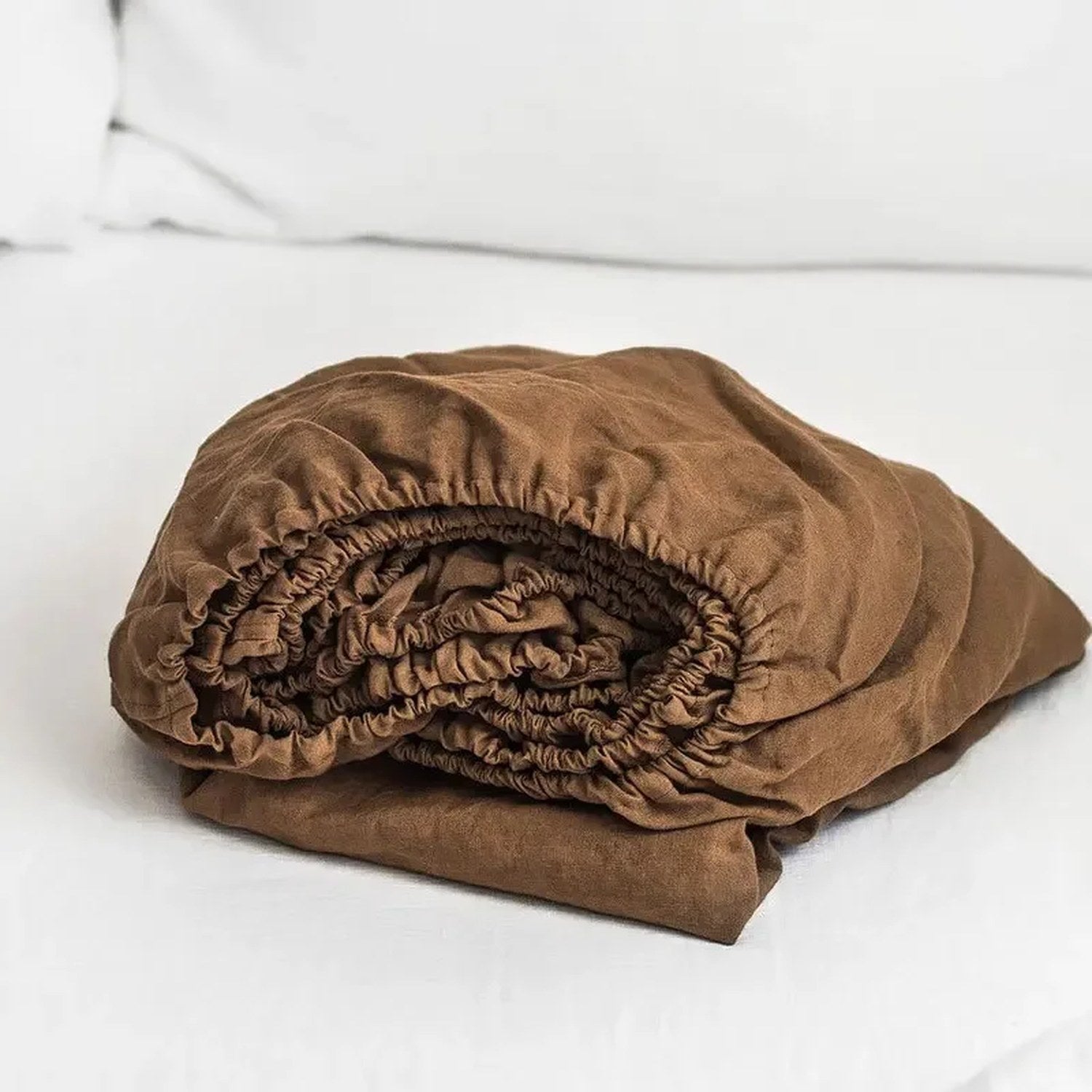 Drap-housse en lin lavé coloris Marron
