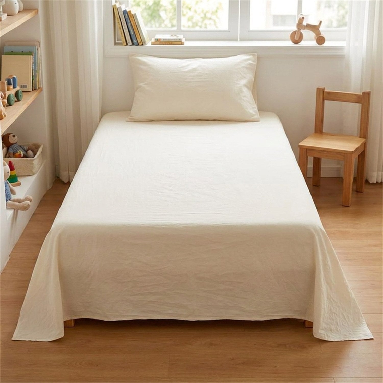 Drap plat en coton crème sur un lit dans une chambre enfant lumineuse avec petite chaise en bois