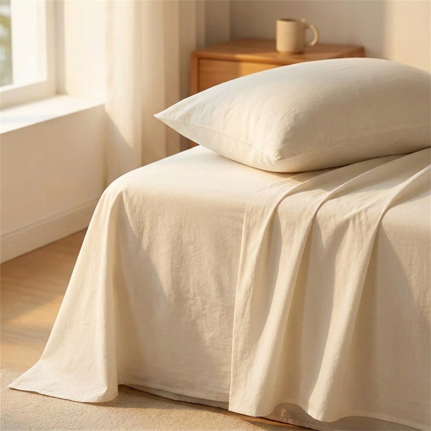 Drap plat en coton crème posé sur un lit fait avec oreiller dans une chambre lumineuse