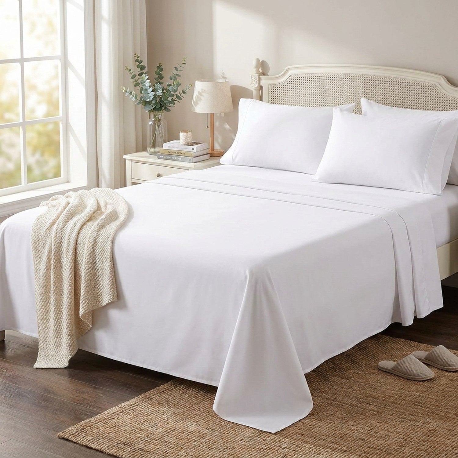 Drap plat blanc en coton fait sur un grand lit dans une chambre lumineuse avec plante et tapis