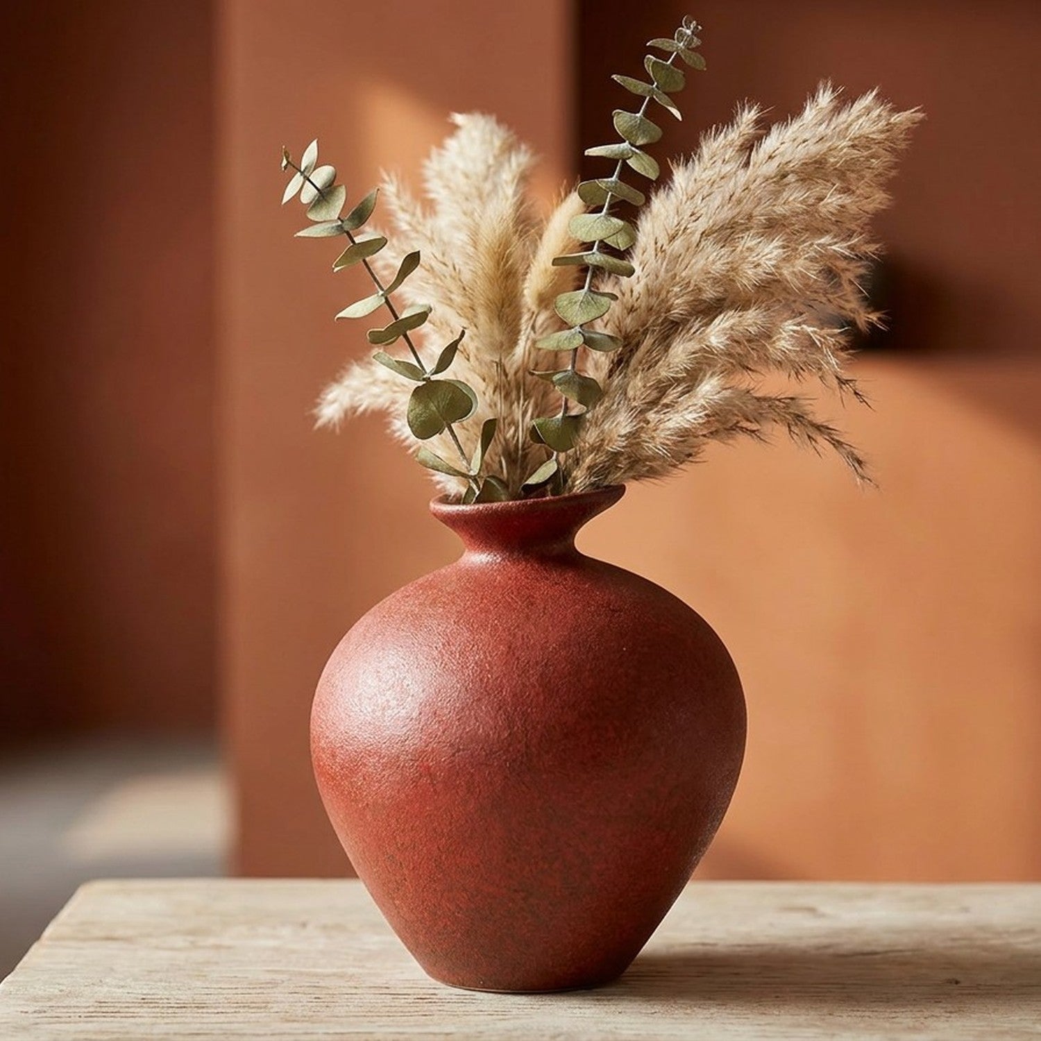 Vase céramique imitation pierre rouge avec pampas
