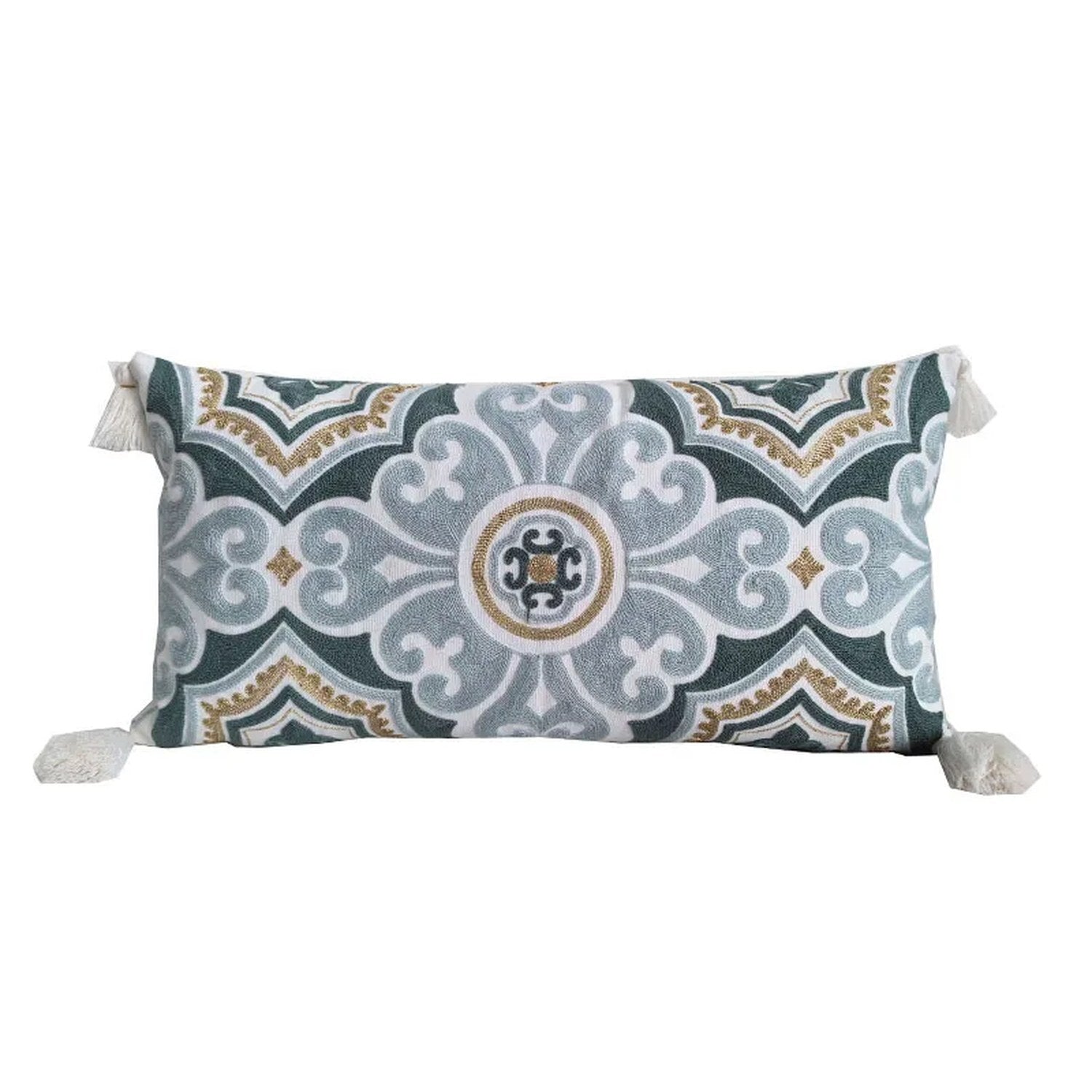 housse de coussin lombaire brodée motif médaillon vert d eau