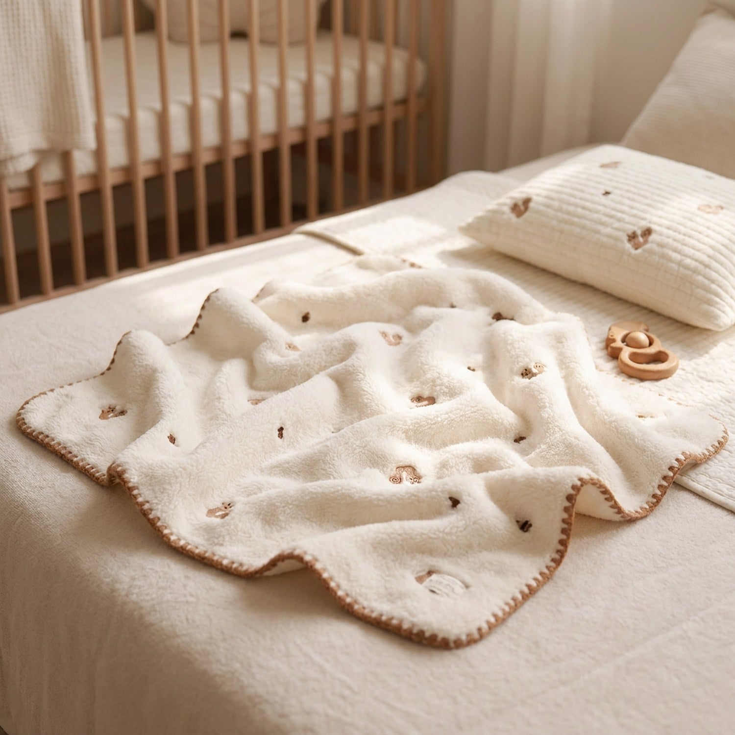 Couverture bébé flanelle crème à petits écureuils brodés