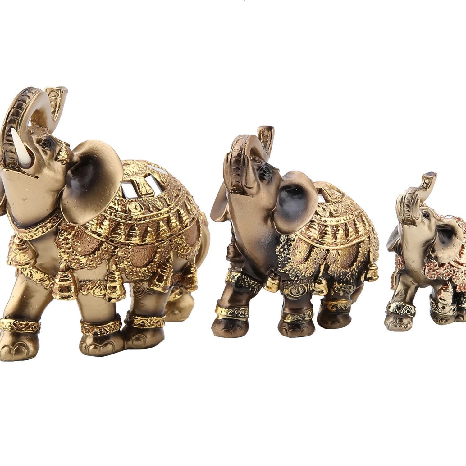 Trio statues éléphant Feng Shui 3 tailles résine dorée