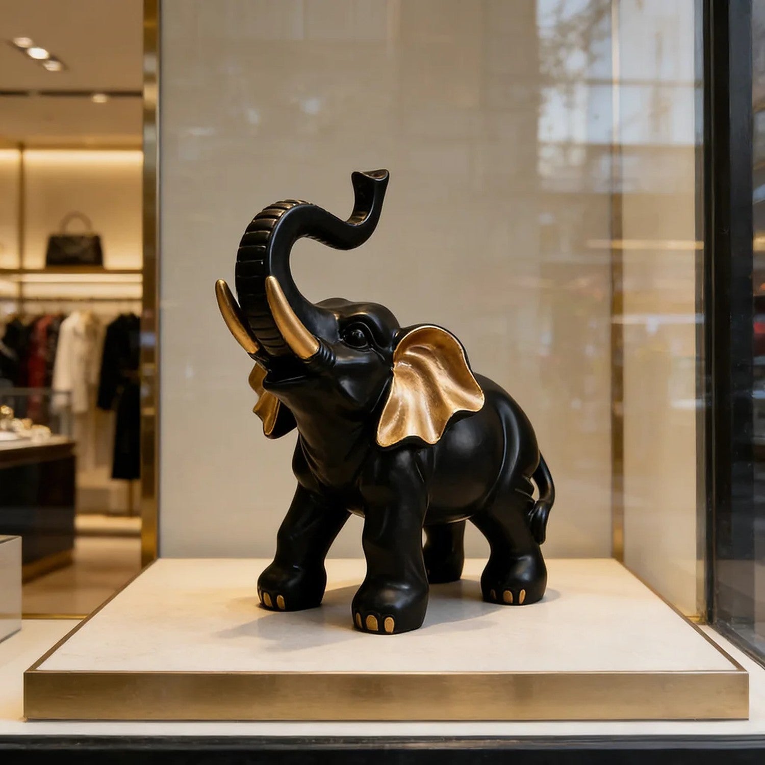 Sculpture éléphant porte-bonheur noir et or dans vitrine luxueuse