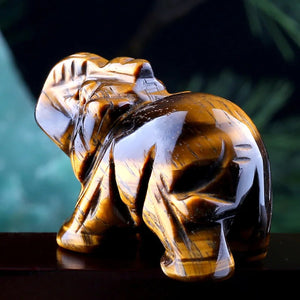 Figurine éléphant en œil de tigre aux bandes dorées