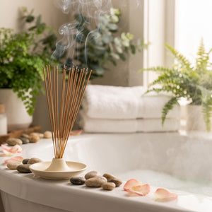 Bâtons d'encens parfumés dans une ambiance spa au bord d'une baignoire