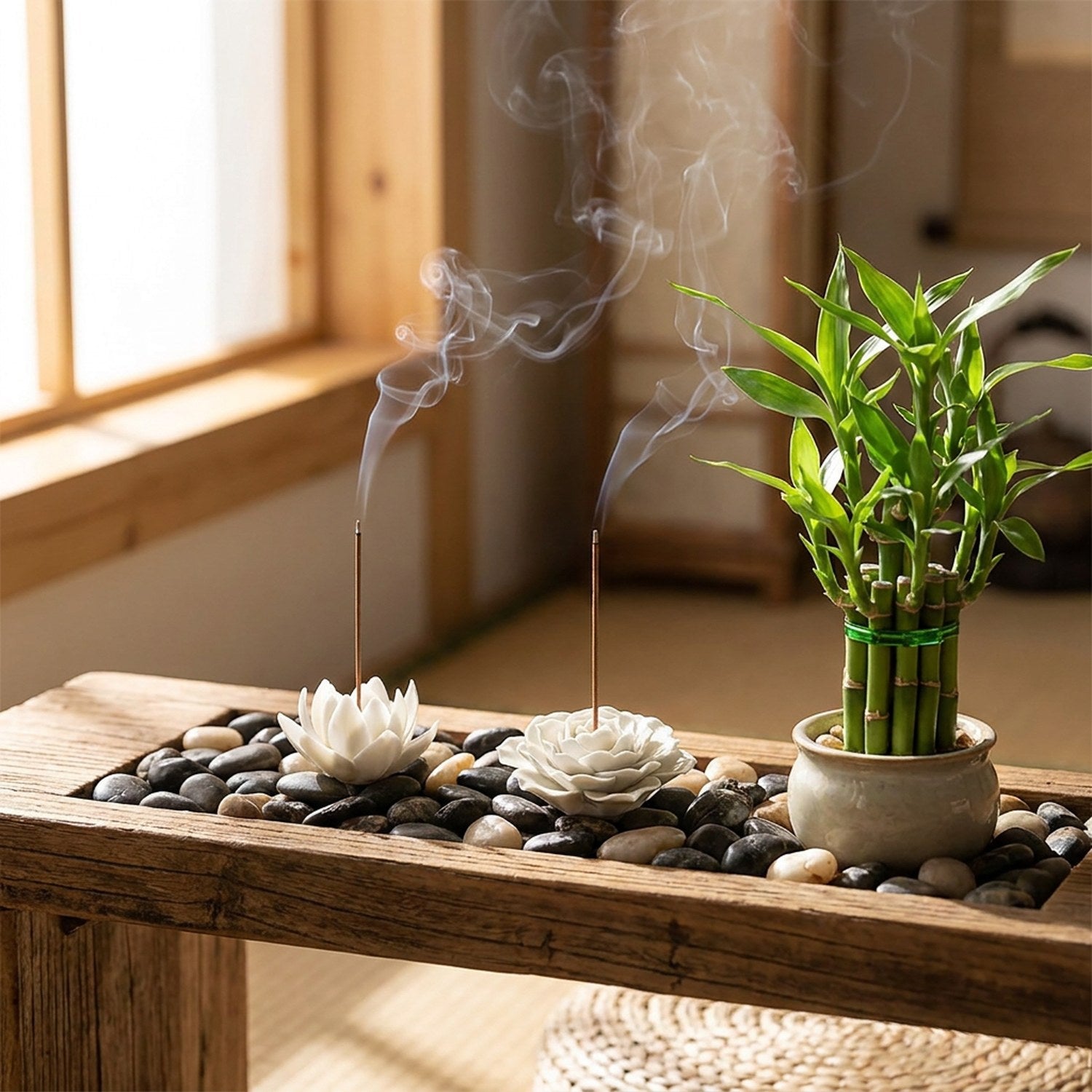 Deux brûleurs d'encens fleurs céramiques sur étagère zen avec galets