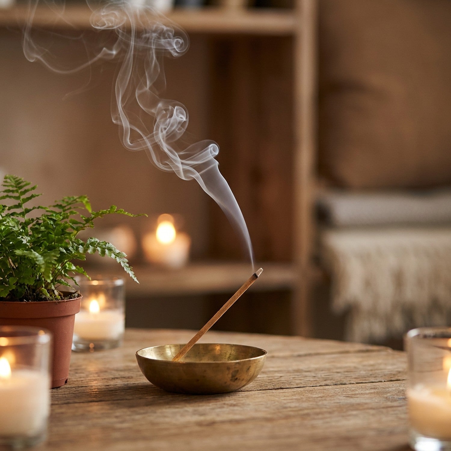 Bâton d'encens allumé dans un bol en laiton avec fumée sur table en bois
