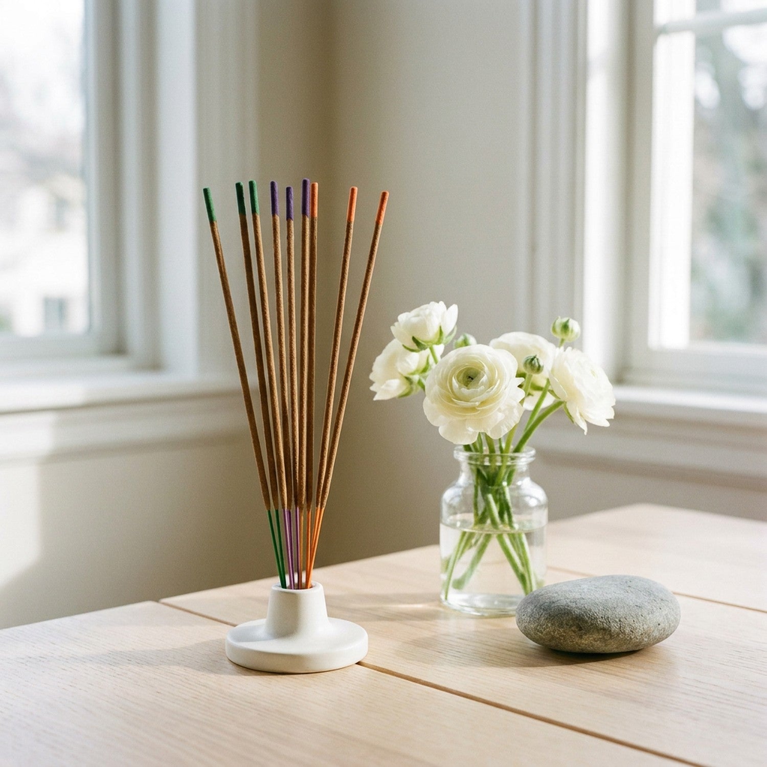 Bâtons d'encens colorés en céramique blanche avec fleurs et pierre sur table
