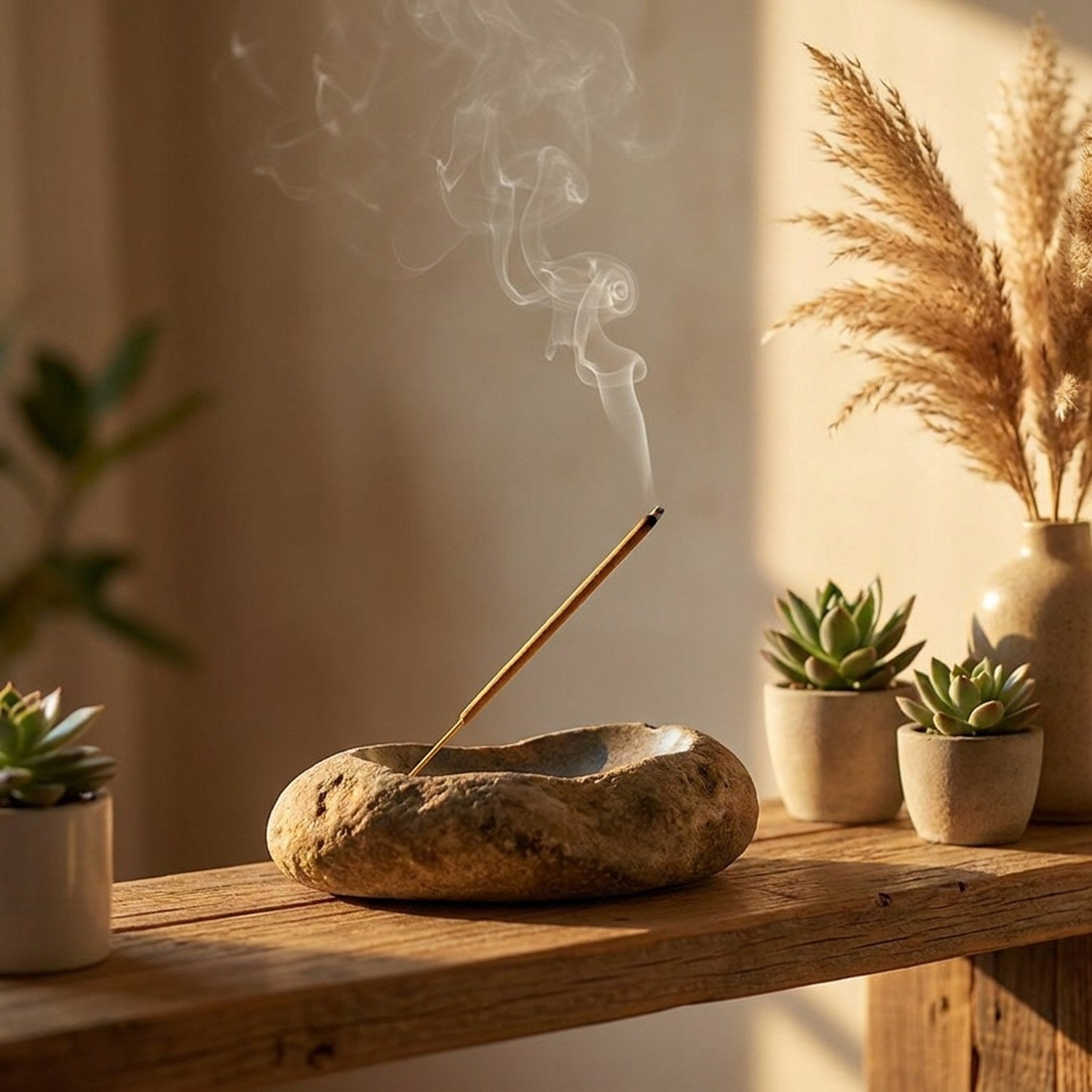 Bâton d'encens Palo Santo allumé sur support en pierre avec pampas et succulentes
