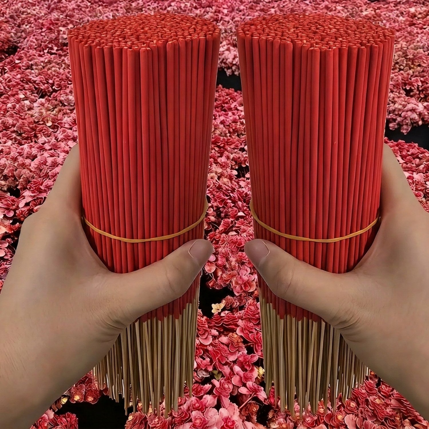 Deux cylindres de bâtonnets d'encens sang de dragon rouge tenus en vis-à-vis
